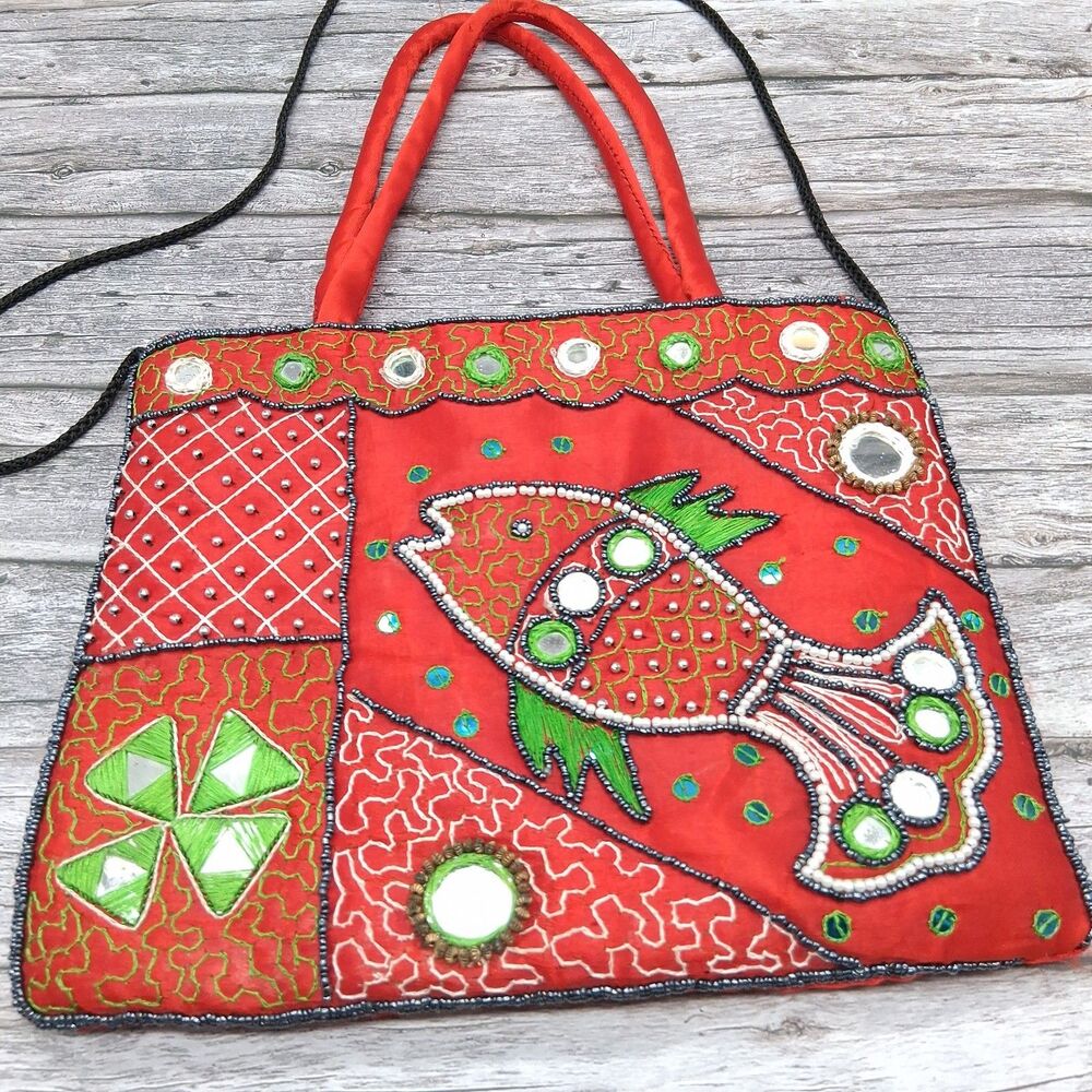 Vintage Banjara Style Embroidered And Beaded Tote Fish Motif Mirrors Red Purse
